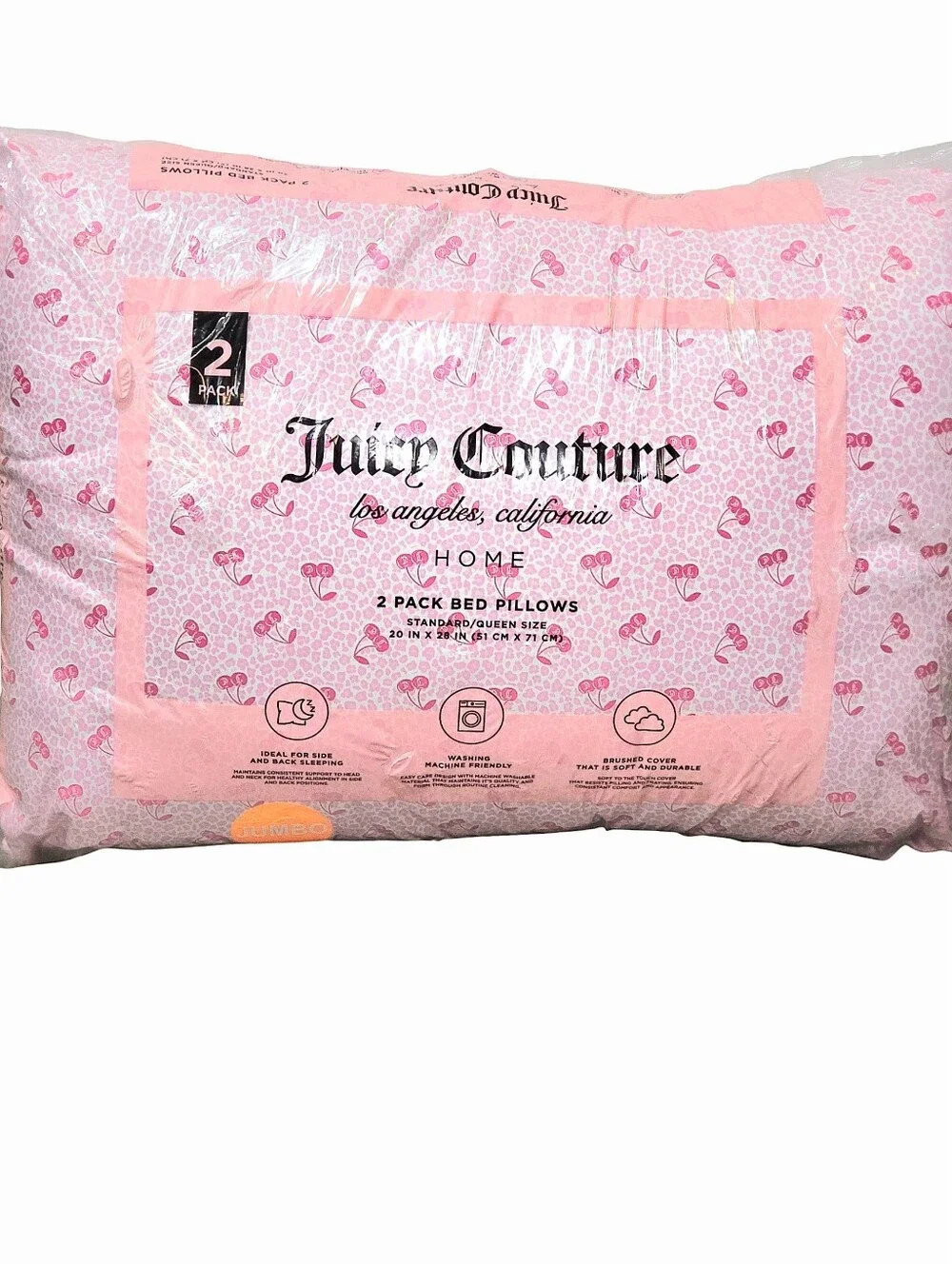 Juicy Couture Pink Home Cherries Leopord Print 2-Pack Jumbo Bed Pillows